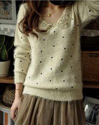 日系甜美亮片娃娃領(lǐng)波點(diǎn)刺繡長毛絨 針織衫女